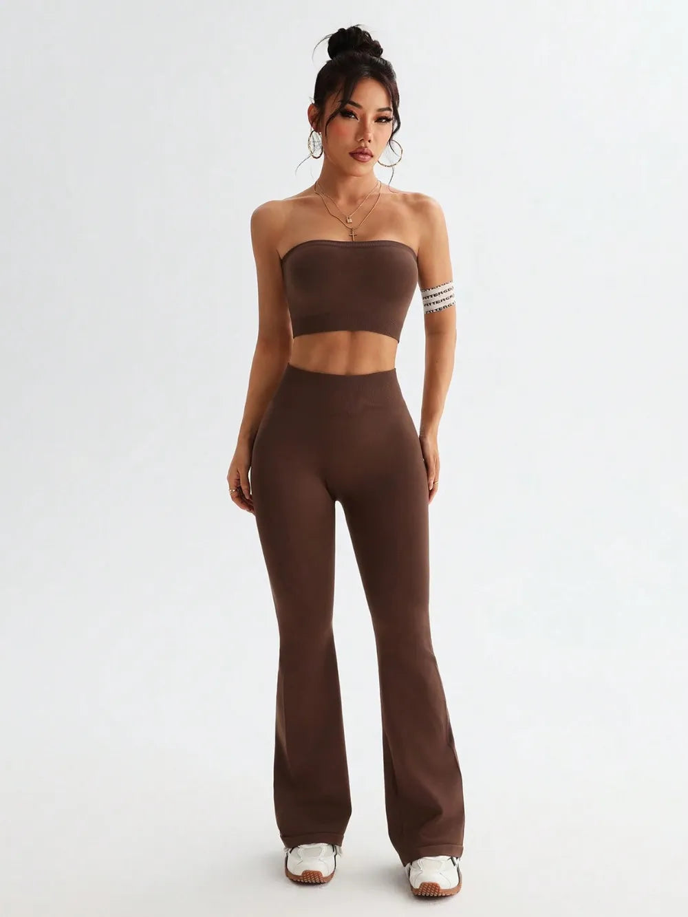 Tube Top and High Waist Flare Pants Active Set - Trend Nova