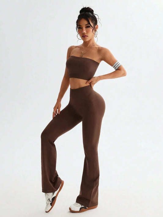 Tube Top and High Waist Flare Pants Active Set - Trend Nova